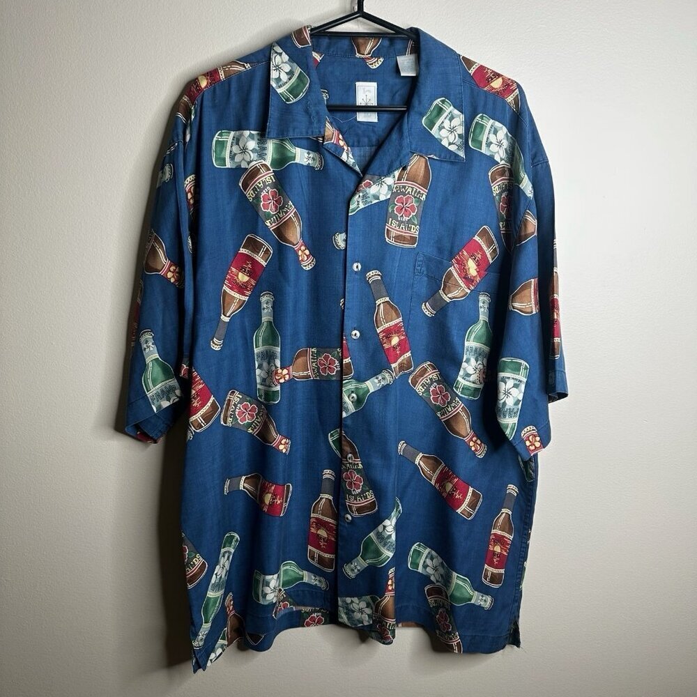 Vintage Burma Bibas Silk Shirt Sz L Blue Hawaiian Beer Bottles Made in Korea 90s